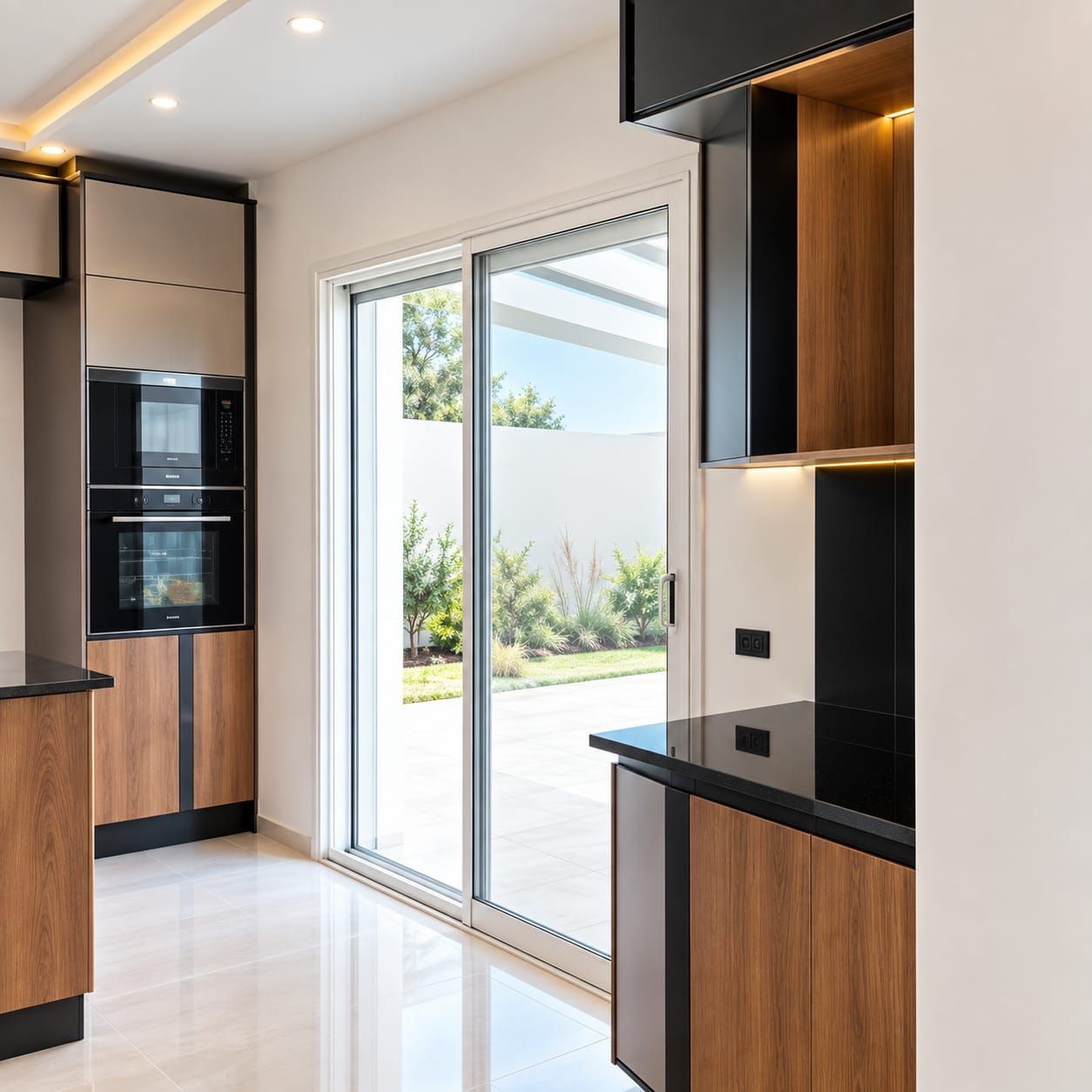 Rangements de cuisine autour d’une porte-fenêtre