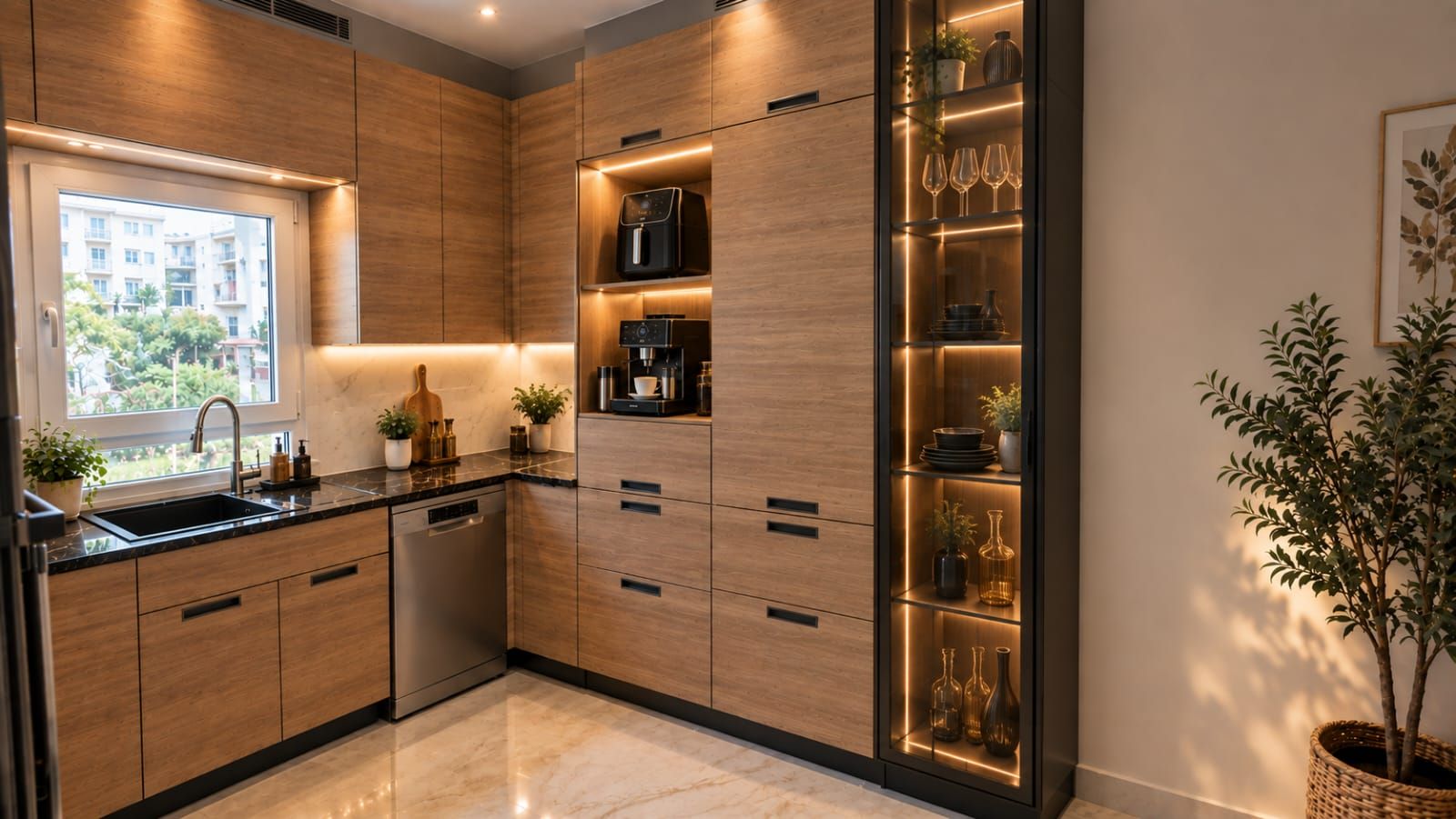 Cuisine bois avec rangements et plan de travail sombre